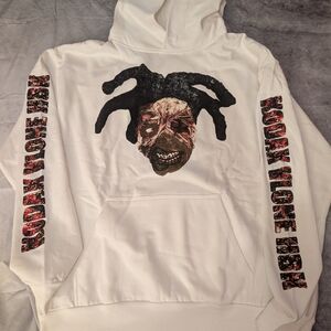 VLONE Kodak Black White Hoodie with Black and Red Graphics